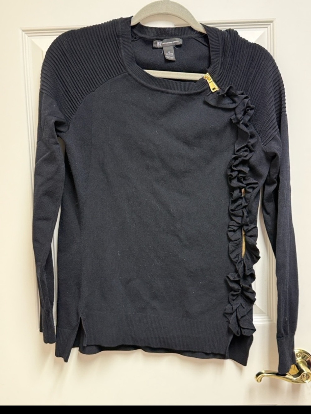 INC Black Ruffle Zip Pullover